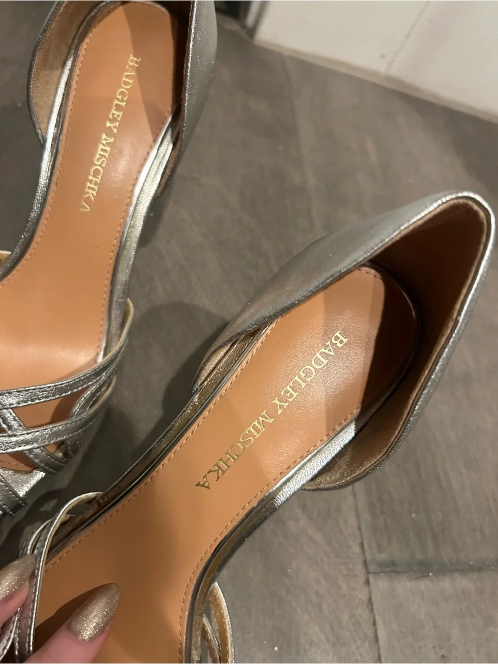 Badgley Mischka Silver Crisscross Open-Toe Heels